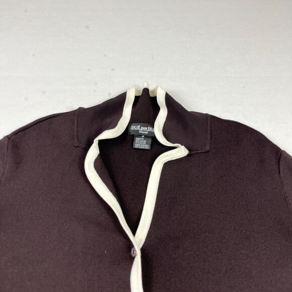 Due Per Due Veste Cardigan Sweater Brown Cream Contrast Trim Work Classic MEDIUM - Picture 3 of 9